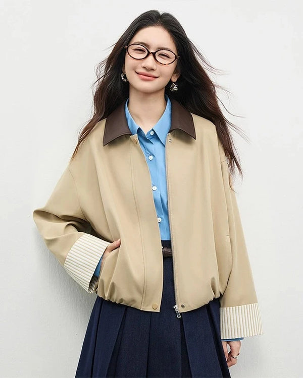 SENTUBILA Women's Cropped Barn Jacket Color Block PU Collar and Striped Cuffs Lightweight Windbreaker for Spring Fall 161WB5721