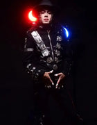 Impersonator Michael Jackson Costumes Jacket Stuff BAD Black With Silver Eagle Badges Punk Metal woolen Clothing