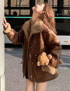 Women's Thick Warm Reversible Suede Jacket Solid Color Motorcycle Outer Coat Loose Fit Winter Autumn Female Overcoat