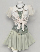 American Retro Y2K 3 Piece Outfit Lace Collar Tie Cami Top Pleated Mini Skirt Harajuku Kawaii Casual Cottage Streetwear Set