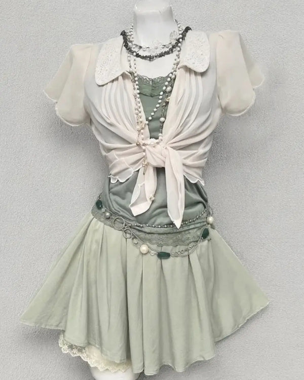 American Retro Y2K 3 Piece Outfit Lace Collar Tie Cami Top Pleated Mini Skirt Harajuku Kawaii Casual Cottage Streetwear Set