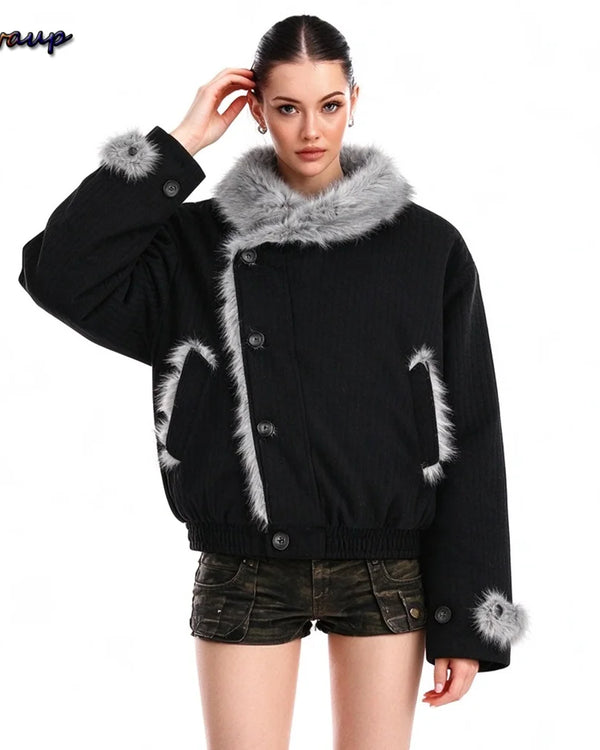 Women's Winter Padded Coat Black Faux Mink Fur Collar Asymmetrical Wrap-Front Thick Warm Waist-Slimming Puffer Jacket Women