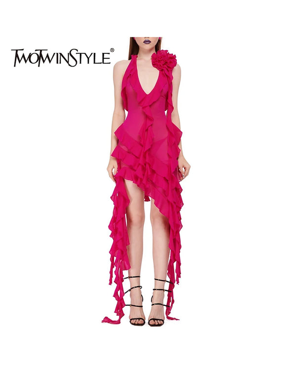 TWOTWINSTYLE Solid Spliced Appliques Chic Dresses For Women V Neck Sleeveless High Waist Sexy Patchwork Ruffles Dress Female New