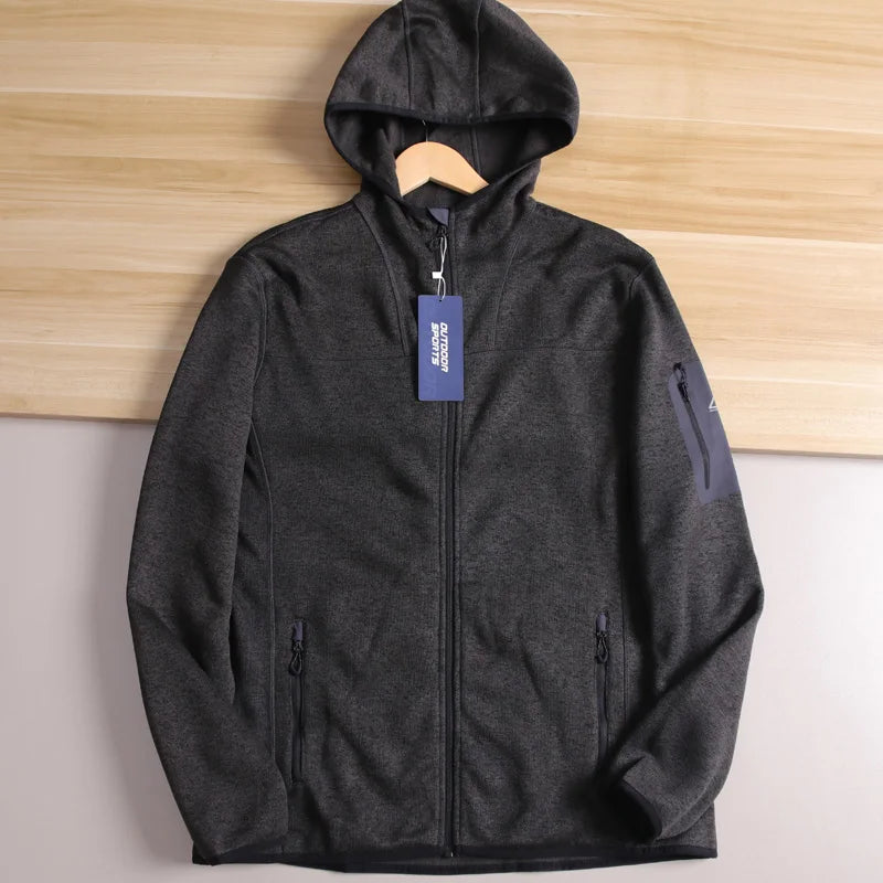 Outdoor Windproof Warm Knitted Fleece Jacket Men's Autumn Long Sleeve Casual Sports Coat with Hood Standard Fit Fashion Urban...