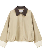 SENTUBILA Women's Cropped Barn Jacket Color Block PU Collar and Striped Cuffs Lightweight Windbreaker for Spring Fall 161WB5721