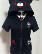 Cartoon Gloomying Bear Hoodie Printed Punk Gothic Blood Violent Bear Hoodied T-shirt Zipper Short Sleeves Tops Streetwear