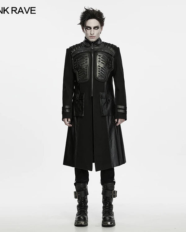 PUNK RAVE Men's Dark Military Symmetrical 3d Thick Woolen Twill Rubberized Faux Leather Punk Jacket Cool Coat