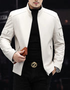 White Leather Jacket For Men 2023 Winter Male Business Simple Standing Collar Short Slim Coat Motorcycle Chaqueta Cuero Hombre