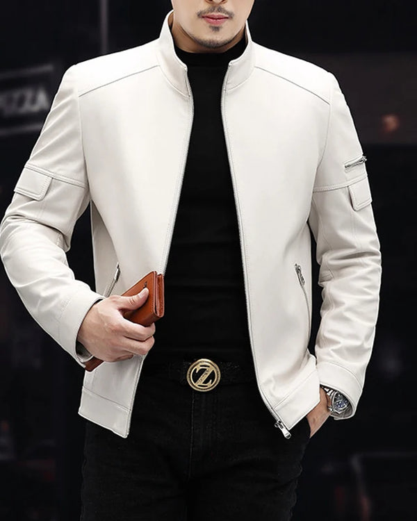 White Leather Jacket For Men 2023 Winter Male Business Simple Standing Collar Short Slim Coat Motorcycle Chaqueta Cuero Hombre