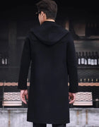 Mens 100% Wool Trench Overcoat Vintage Horn Button Hooded Long Coat Double Faced Sheep Fur Loose Fit Windbreaker Woolen Blends