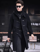 Mens 100% Wool Trench Overcoat Vintage Horn Button Hooded Long Coat Double Faced Sheep Fur Loose Fit Windbreaker Woolen Blends