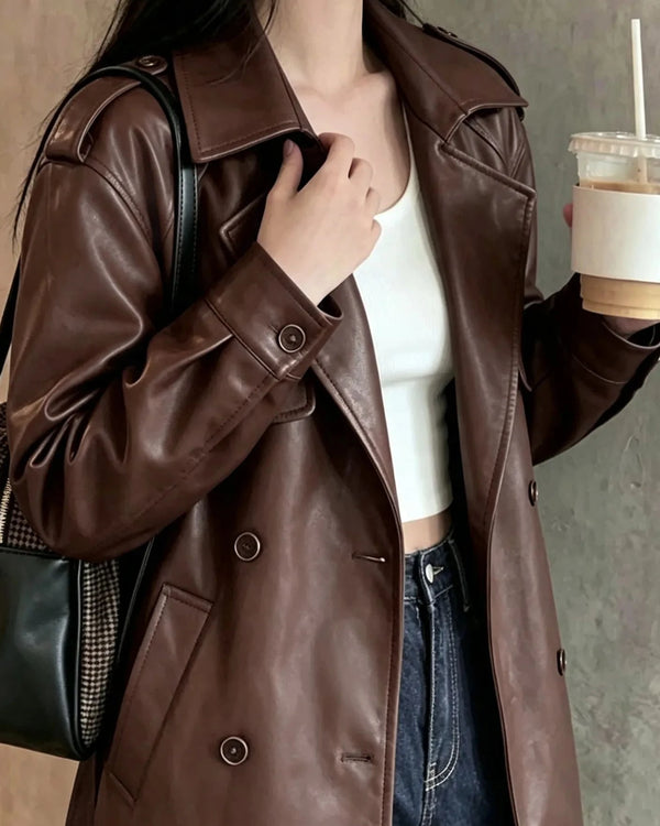 Womens Retro Brown PU Leather Long Trench Coat Lapel Double Breasted Belted Windbreaker Jacket