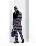 High Quality Plaid Men Long Overcoat 2 Piece Coat Pants Double Breasted Woolen Blend Winter Warm Overcoat Customized