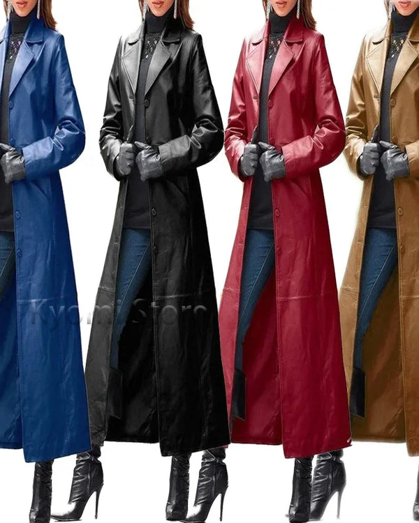 Winter Women's Fashion Cyberpunk Leather Long Jacket Casual Loose Button Solid Color Coats Lapel Biker Jacket Plus Size