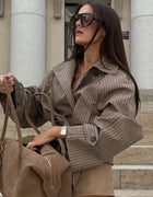 Plaid Cropped Trench Coat Lapel Collar Double Breasted Belted Waist Long Sleeve Women All-match Coats 2026 Autumn Commute Outfit