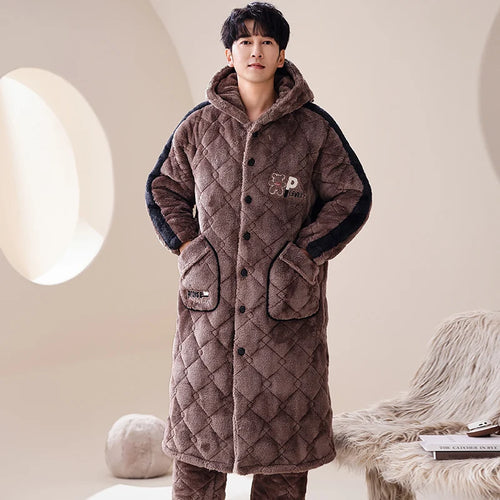 Big Size M-2XL Winter Men Bath Robe+Pant 3 Layer Clip Cotton Hooded Robe Male Thick Dressing Gown Pijamas Hombre