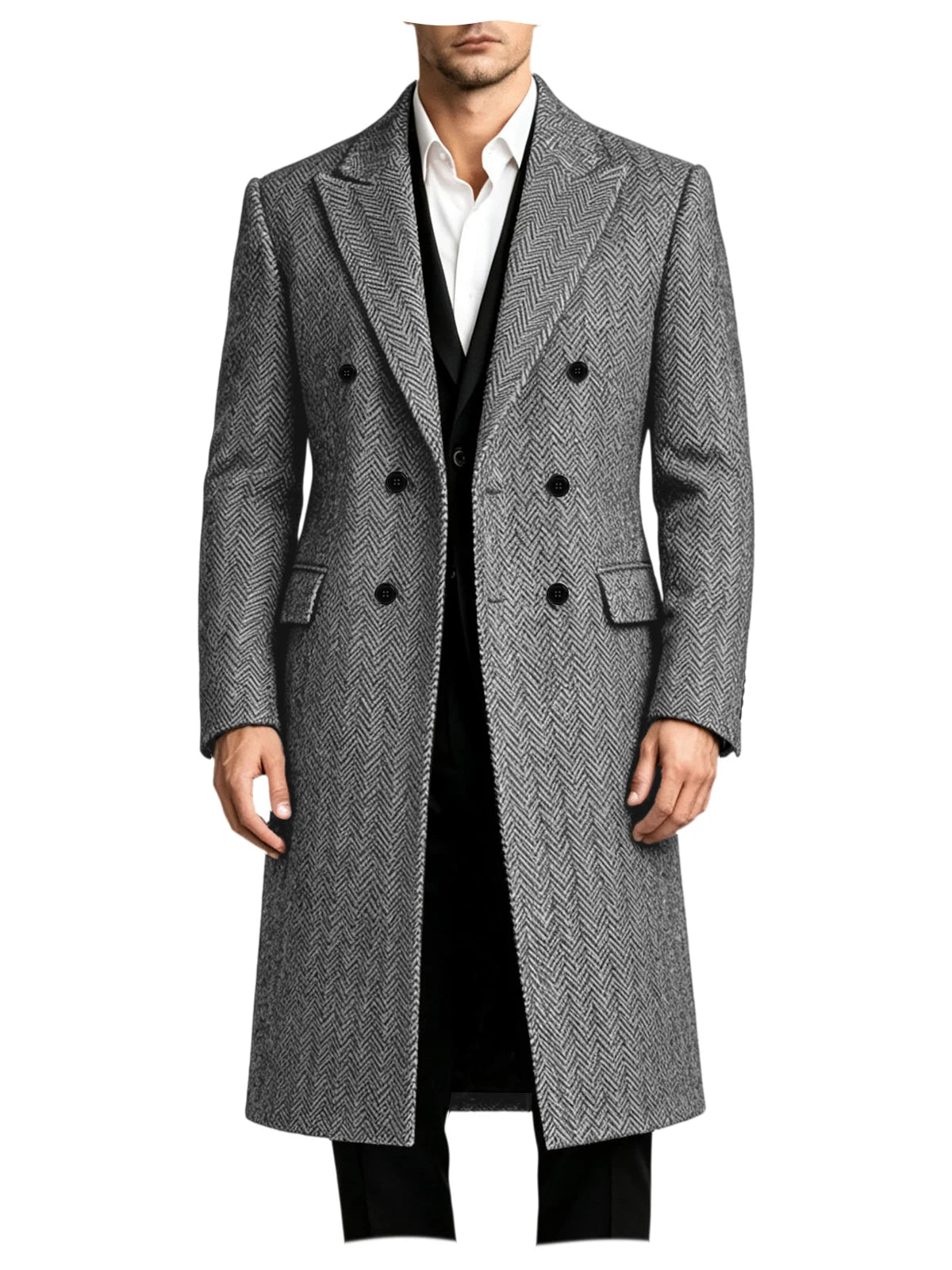 Men‘s Herringbone Long Overcoat Double Breasted Peak Lapel Slim Fit Wool Blend Topcoat Winter Formal Business Long Coat Jacket