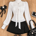 Japanese Sweet Preppy Style 2 Piece Set Women Kawaii Lace Patchwork Bow Tops + Y2k Plaid Mini Skirt Elegant Fashion Outifits New