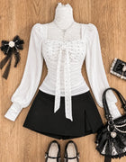 Japanese Sweet Preppy Style 2 Piece Set Women Kawaii Lace Patchwork Bow Tops + Y2k Plaid Mini Skirt Elegant Fashion Outifits New