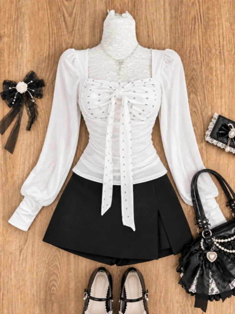 Japanese Sweet Preppy Style 2 Piece Set Women Kawaii Lace Patchwork Bow Tops + Y2k Plaid Mini Skirt Elegant Fashion Outifits New
