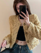 French Style Yellow Sequins Tweed Jacket for Women Elegant Round Neck Crop Coat Autumn Woman Autumn Chic Long Sleeve Outerwear