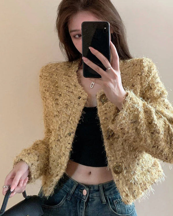 French Style Yellow Sequins Tweed Jacket for Women Elegant Round Neck Crop Coat Autumn Woman Autumn Chic Long Sleeve Outerwear