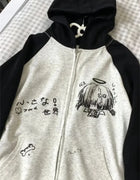 Japanese Contrast Color Hooded Tops Women Y2k Aesthetic Cartoon Print Grunge Hoodie Casual Zip Up Sweatshirt Harajuku Streetwear