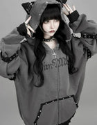 Black Cat Ear Zip Up Hoodie Japanese Subculture Women Devil Pinstripe Heart Print Oversized Metal Buckle Punk Streetwear Outfit