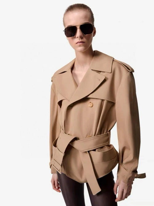 2 IN 1 Winter Sexy Lapel Neck Long Sleeve Jacket Bodysuit With Belt Women Khaki Double-breasted Coat Jumpsuit Evening Party Club