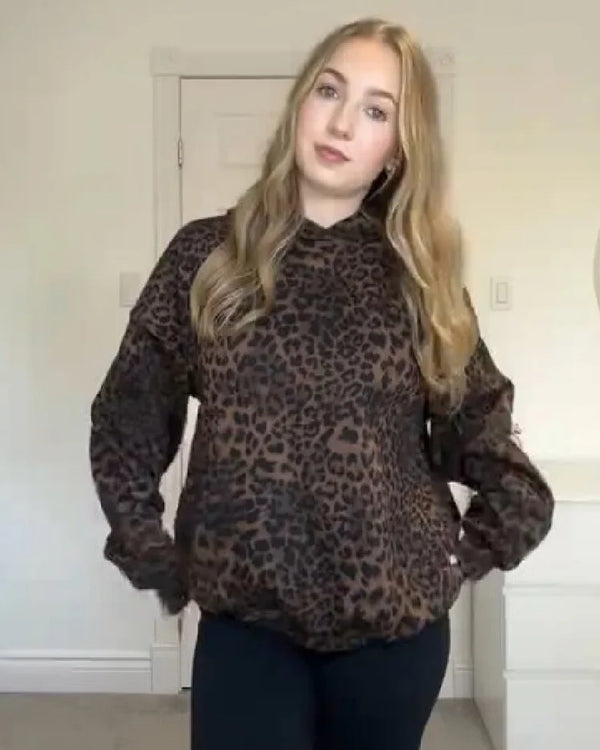 Vintage Chic Leopard Print Hoodie Casual Long Sleeve Loose Pullover Hooded Sweatshirts Lady Trendy Fashion High Street Outfit