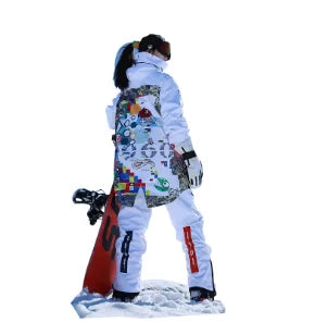 Women's Waterproof Windproof Ski Suit Set White Clothes Winter Sports Unisex Print Snow Jacket Adjustable Shoulder Strap Pants