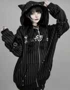 Black Cat Ear Zip Up Hoodie Japanese Subculture Women Devil Pinstripe Heart Print Oversized Metal Buckle Punk Streetwear Outfit