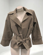 Plaid Cropped Trench Coat Lapel Collar Double Breasted Belted Waist Long Sleeve Women All-match Coats 2026 Autumn Commute Outfit