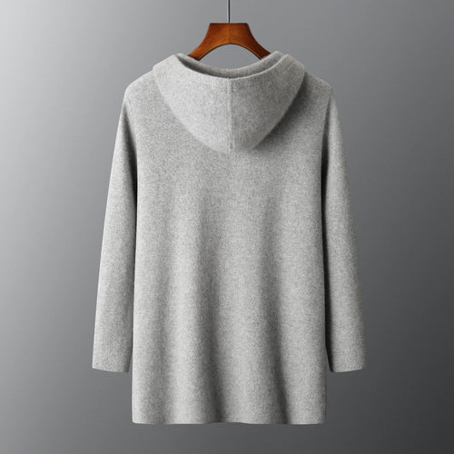 2026 Autumn Winter New Thick Hooded Mid Length Coat 100% Merino Wool Knitted Cardigan Wool Sweater Casual Business Warm Clothes.