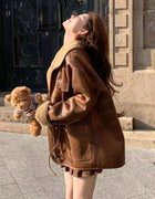 Women's Thick Warm Reversible Suede Jacket Solid Color Motorcycle Outer Coat Loose Fit Winter Autumn Female Overcoat