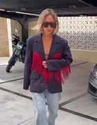 Elegant Contrast Plaid Tassel Splice Coat Women Vintage Lapel Collar Full Sleeve V-neck Suit Blazer Festival Street Party Outfit