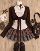 Japanese Sweet Preppy Women Two Piece Set Kawaii Lace Bow Tops Mini Skirt Korean American Retro Subculture Cute Fashion Outfits