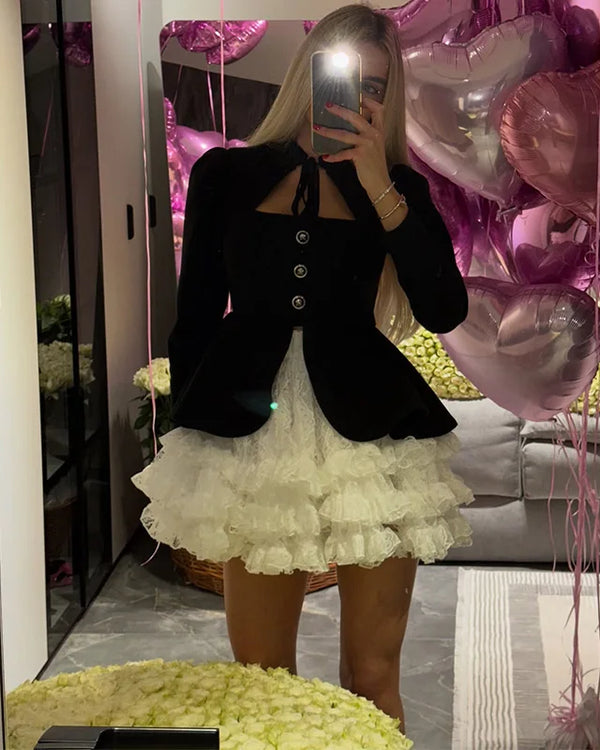 Women Fashion Lace Dresses Two Hit Color False Two-piece Mini Skirt Square Neck Long Sleeve High Waist Dress Party Evening Gowns