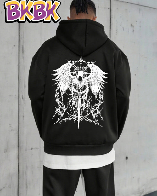 Men Casual Hooded Sweatshirt Retro Gothic Angel Wing Sword Thorn Art Print Y2K Dark Streetwear Hoodie