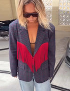 Elegant Contrast Plaid Tassel Splice Coat Women Vintage Lapel Collar Full Sleeve V-neck Suit Blazer Festival Street Party Outfit