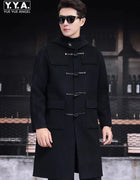 Mens 100% Wool Trench Overcoat Vintage Horn Button Hooded Long Coat Double Faced Sheep Fur Loose Fit Windbreaker Woolen Blends