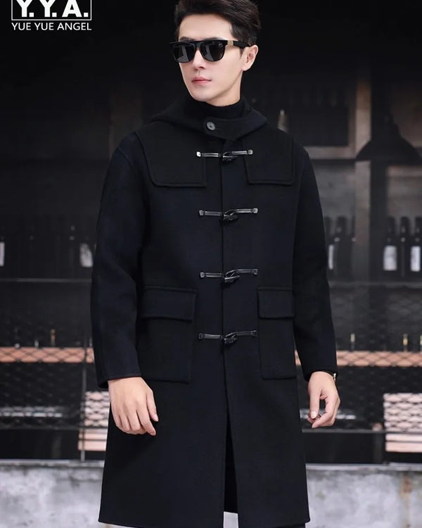 Mens 100% Wool Trench Overcoat Vintage Horn Button Hooded Long Coat Double Faced Sheep Fur Loose Fit Windbreaker Woolen Blends