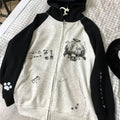 Japanese Contrast Color Hooded Tops Women Y2k Aesthetic Cartoon Print Grunge Hoodie Casual Zip Up Sweatshirt Harajuku Streetwear