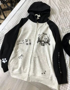 Japanese Contrast Color Hooded Tops Women Y2k Aesthetic Cartoon Print Grunge Hoodie Casual Zip Up Sweatshirt Harajuku Streetwear