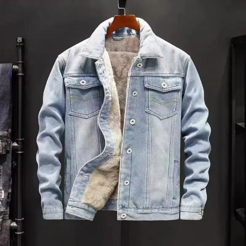 Fleece Lined Thick Denim Jacket Autumn Winter New Arrival Lamb Fleece Mens Fashion Casual Jacket Warm Cotton Padded Coat