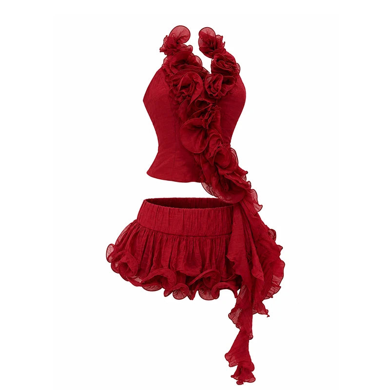 ReddaChic Romantic Ruffle Fringe Skirt Top Matching Set Women Vintage Elastic Waist Mini Skirt V-neck Halter Top Sexy Clothes