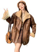 Women's Thick Warm Reversible Suede Jacket Solid Color Motorcycle Outer Coat Loose Fit Winter Autumn Female Overcoat
