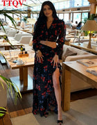 TTQV Fashion Loose Print Women's Two Pieces Set 2025 Sexy Long Sleeve Crop Top With High Waist Slit Long Skirt Set Female