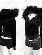 2026 Fall Winter Gothic Y2K Women's Hoodie Sexy Slim Casual Chic Fur Collar Cardigan Sweatshirt Grunge Harajuku Gyaru Streetwear