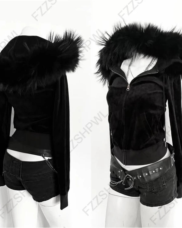 2026 Fall Winter Gothic Y2K Women's Hoodie Sexy Slim Casual Chic Fur Collar Cardigan Sweatshirt Grunge Harajuku Gyaru Streetwear